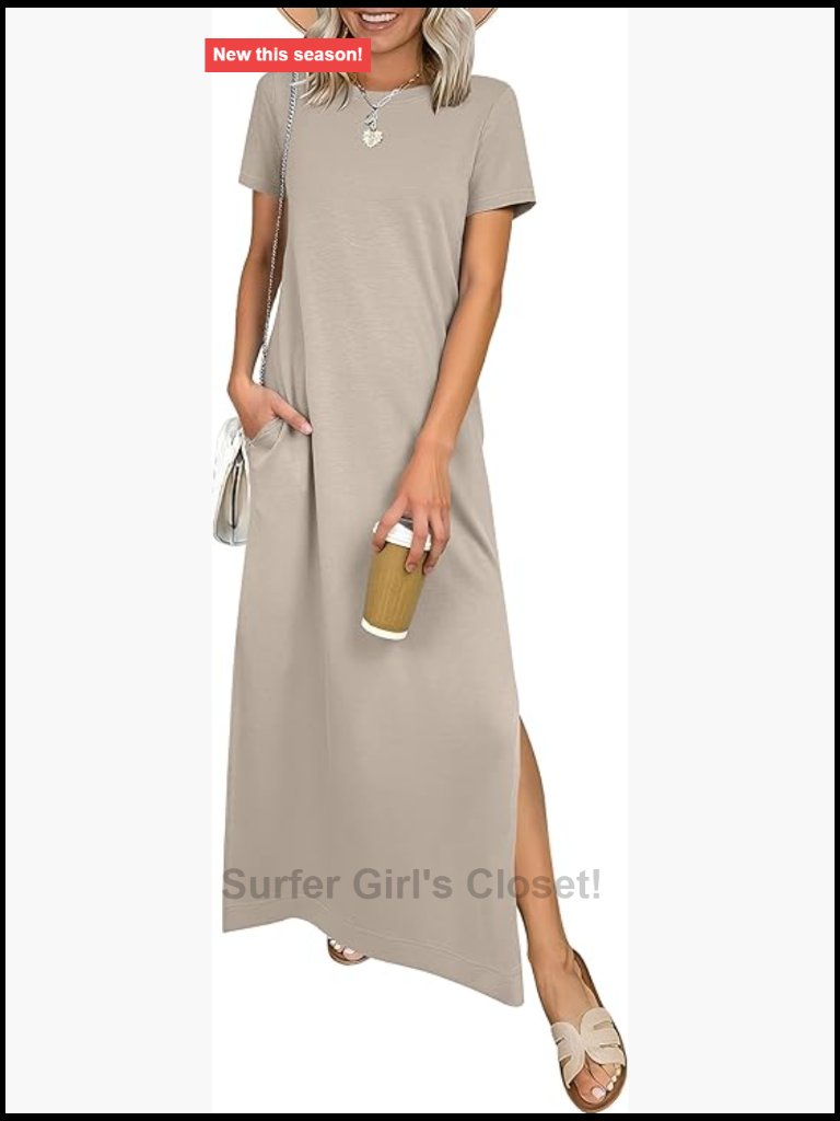 Casual Maxi Dress Short Sleeve Crewneck Split Wrinkle-Free Travel Sundress